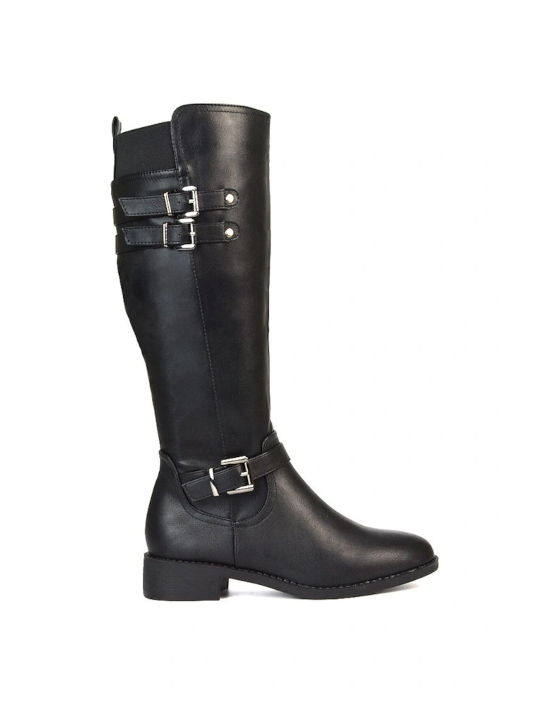 'Amy' Knee High Elasticated Flat Biker Calf Boots with Buckles