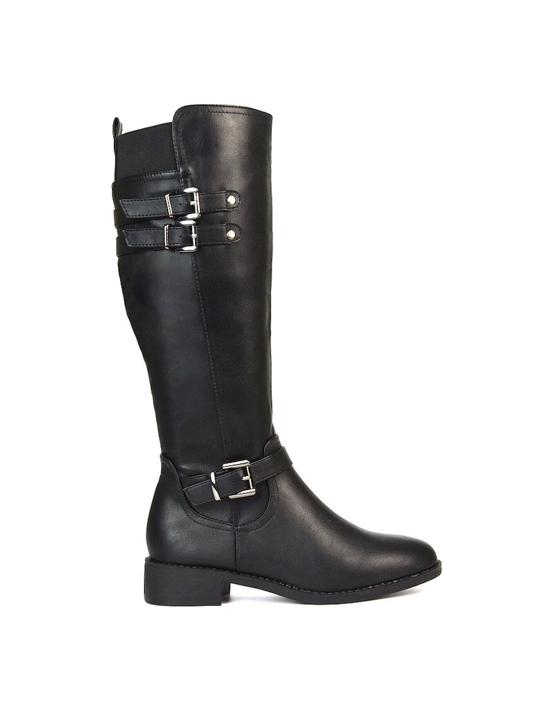 'Amy' Knee High Elasticated Flat Biker Calf Boots with Buckles, 2 of 1
