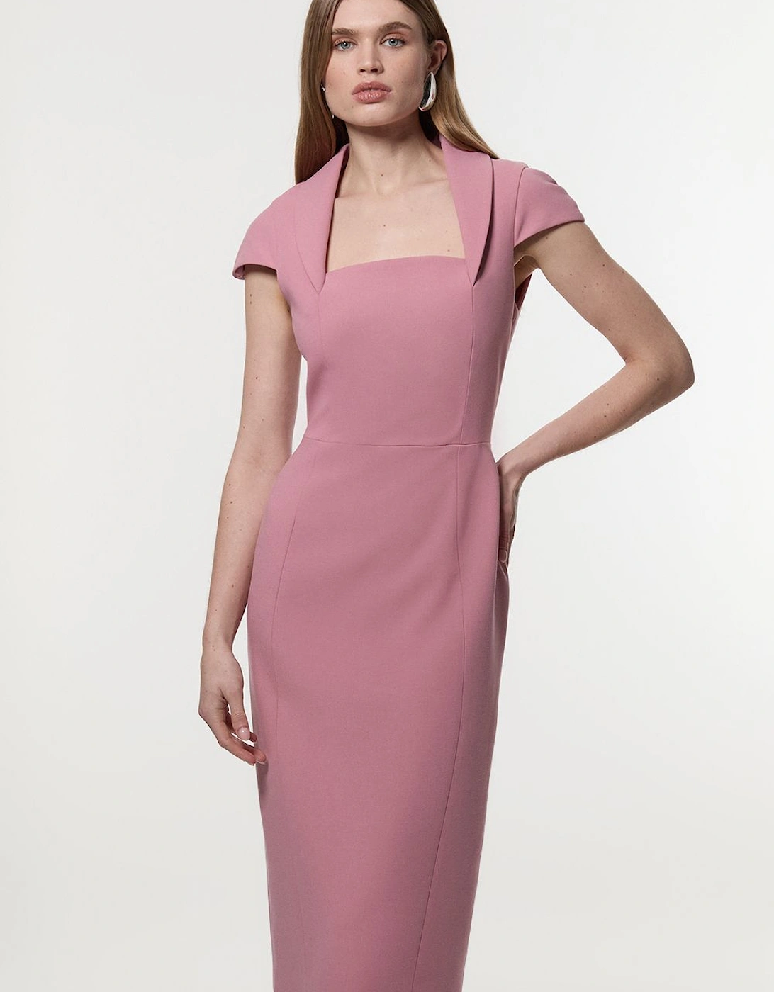 Compact Stretch Square Neck Tailored Pencil Midi Dress, 2 of 1