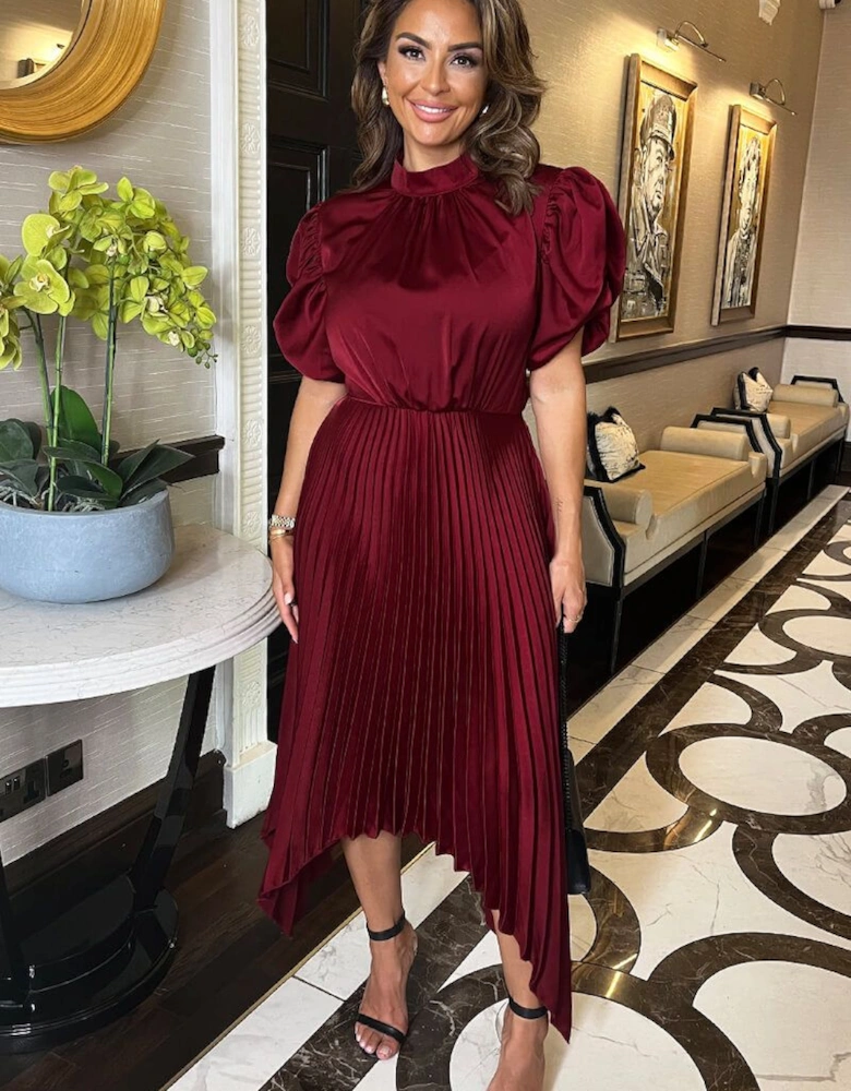 Wine High Neck Puff Sleeve Zig Zag Hem Pleated Midi Dress