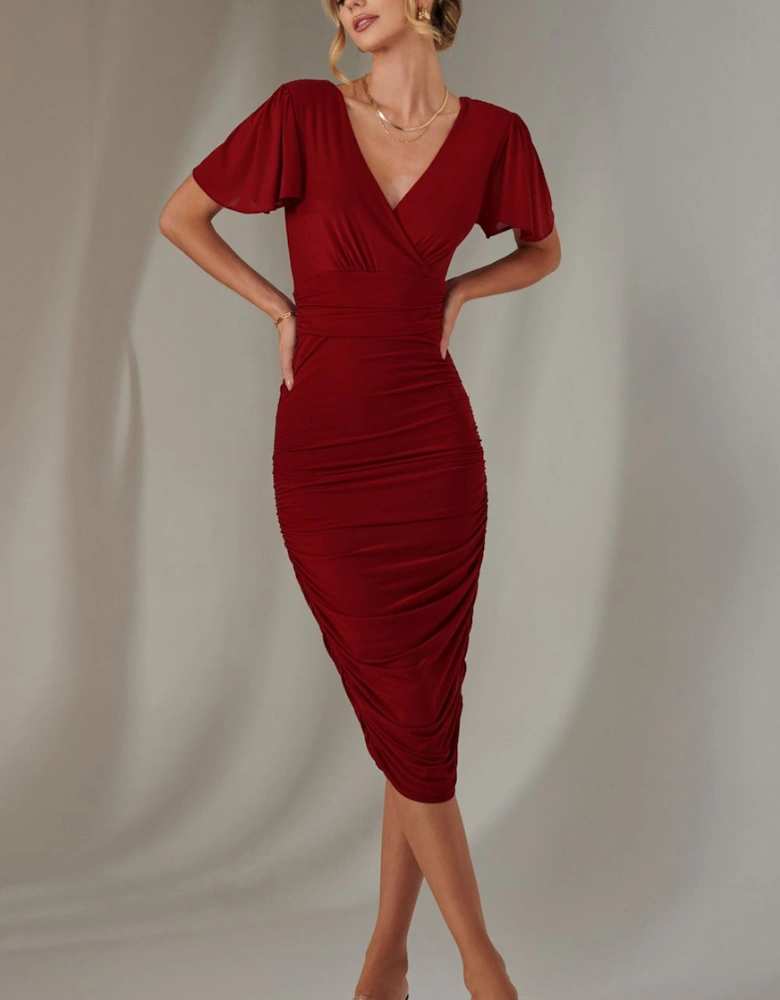 Plain Angel Sleeve Ruched Bodycon Dress