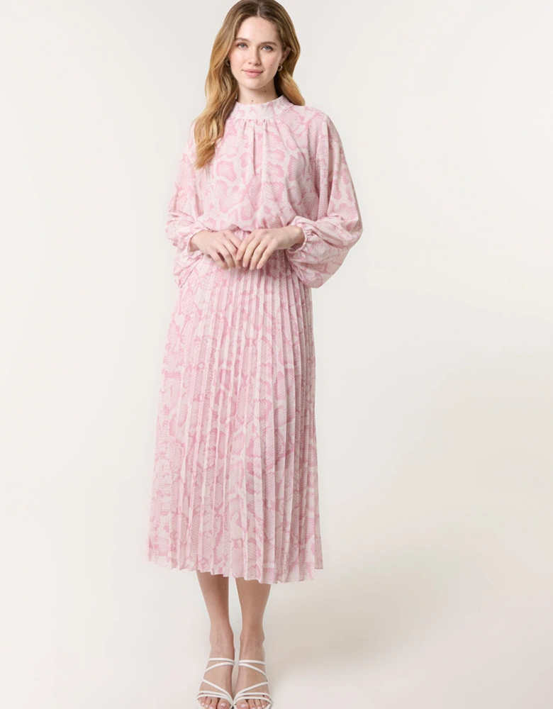 Pink Snakeskin High Neck Pleat Dress