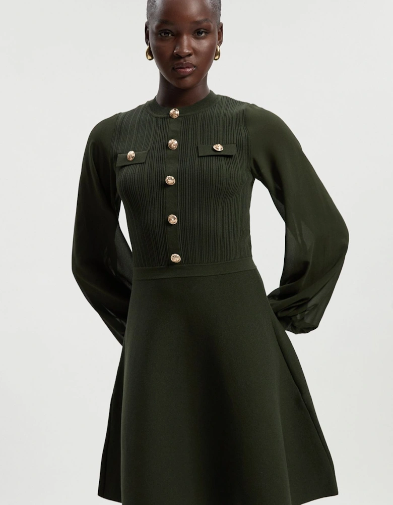 Viscose Blend Mini Knit Dress With Chiffon Sleeve Military Trim