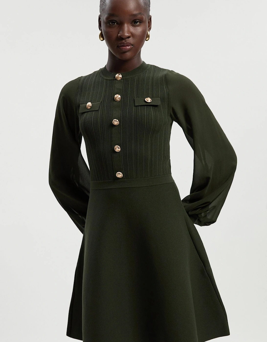 Viscose Blend Mini Knit Dress With Chiffon Sleeve Military Trim, 2 of 1