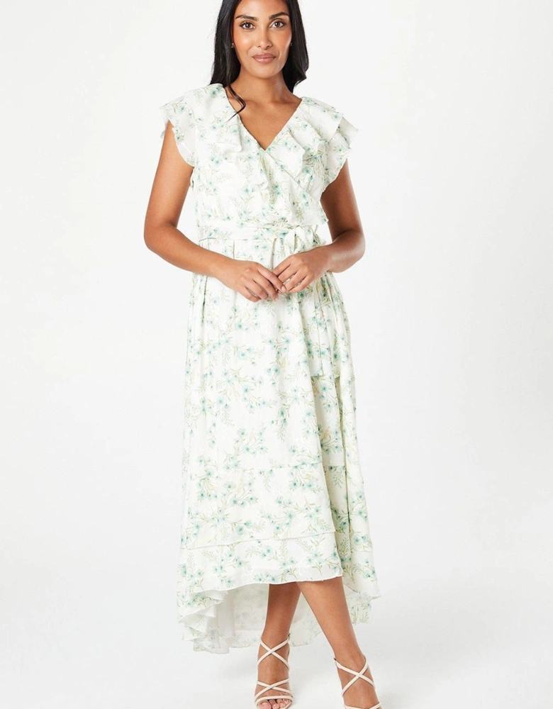 Petite Floral Jacquard Satin Ruffle Maxi Dress