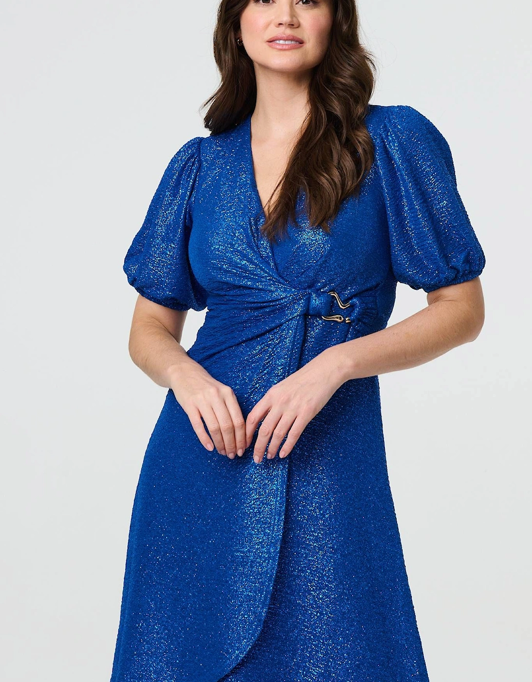 Sparkly 1/2 Sleeve Belted Wrap Midi Dress, 2 of 1