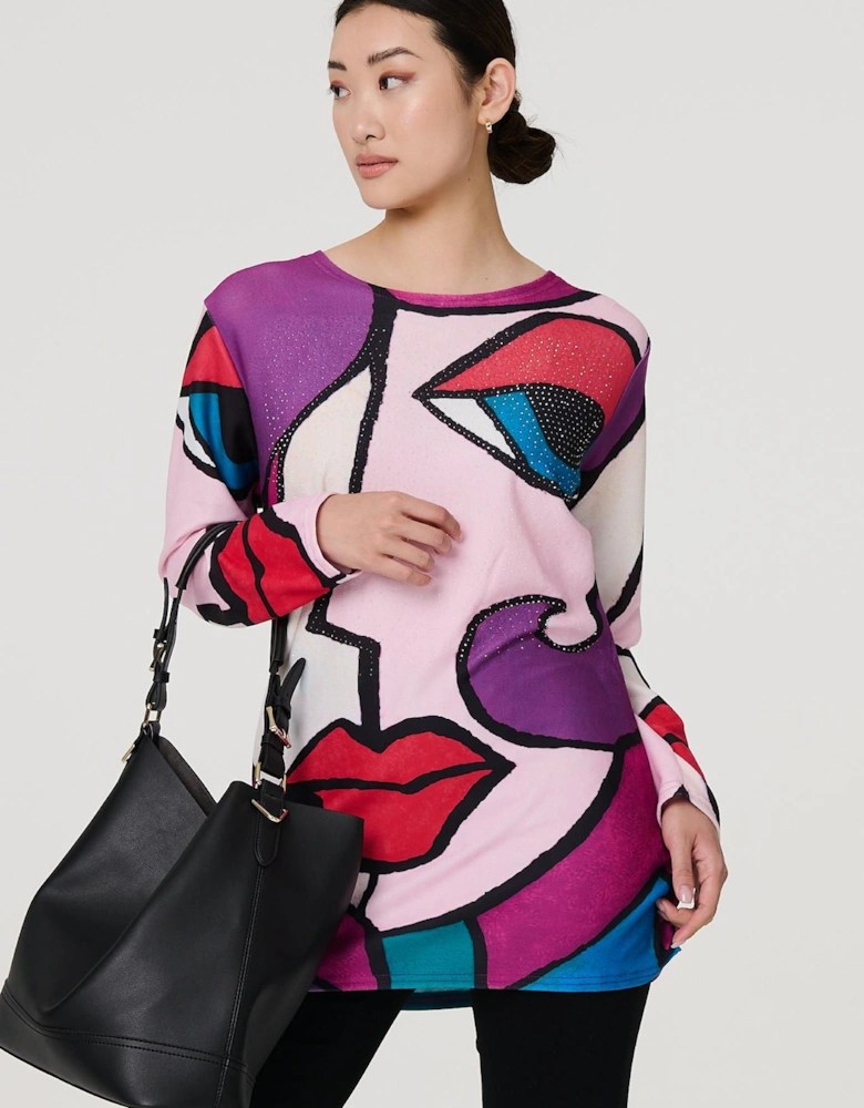 Abstract Diamante Detail Tunic Top