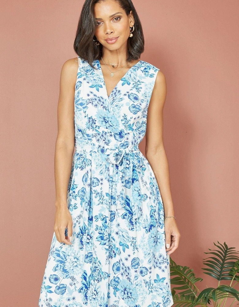 Blue Floral Wrap Over Skater Dress