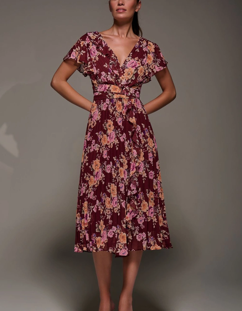 Printed Ruffle Detail Pleated Chiffon Midi Dress