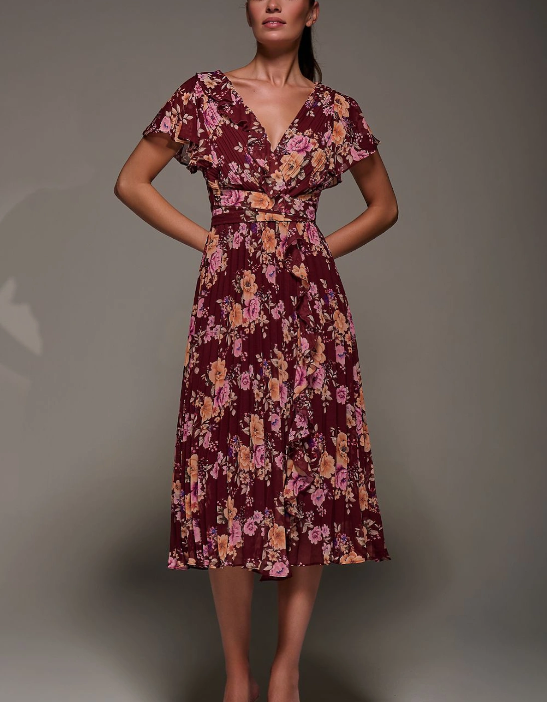 Printed Ruffle Detail Pleated Chiffon Midi Dress, 2 of 1