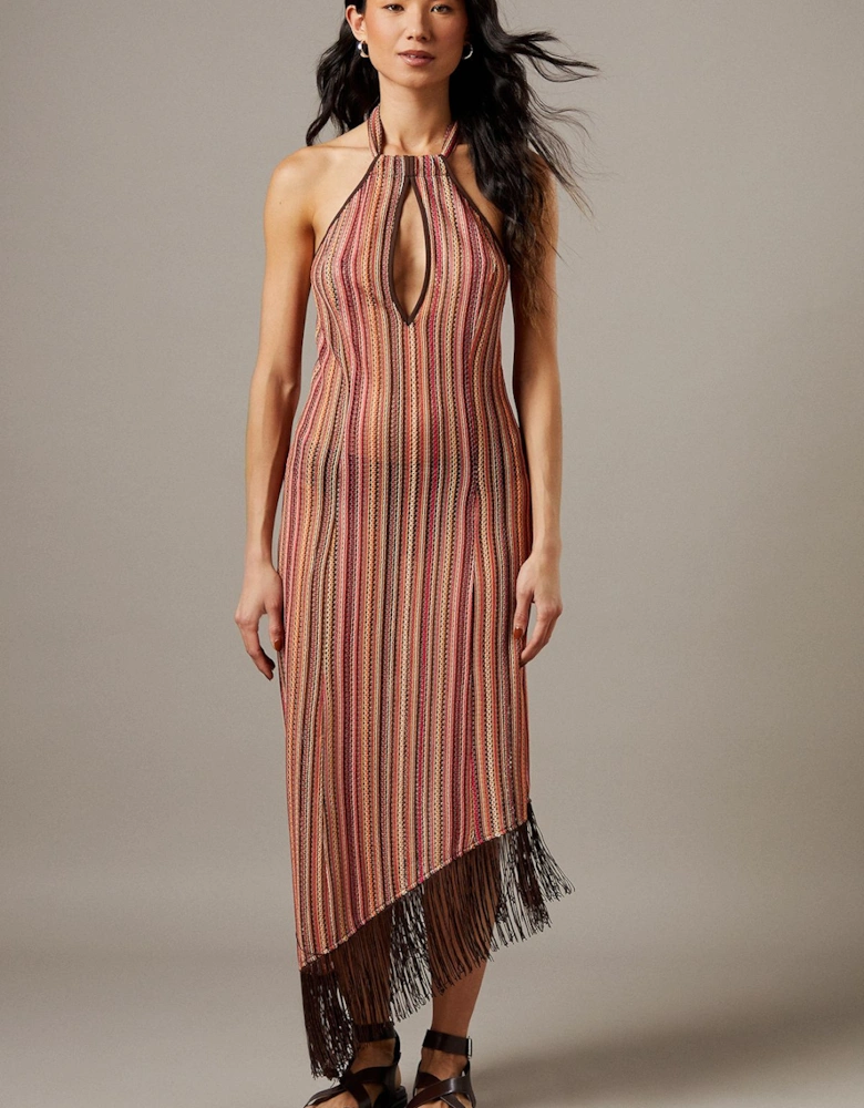 Knit Halter Fringe Hem Midi Dress