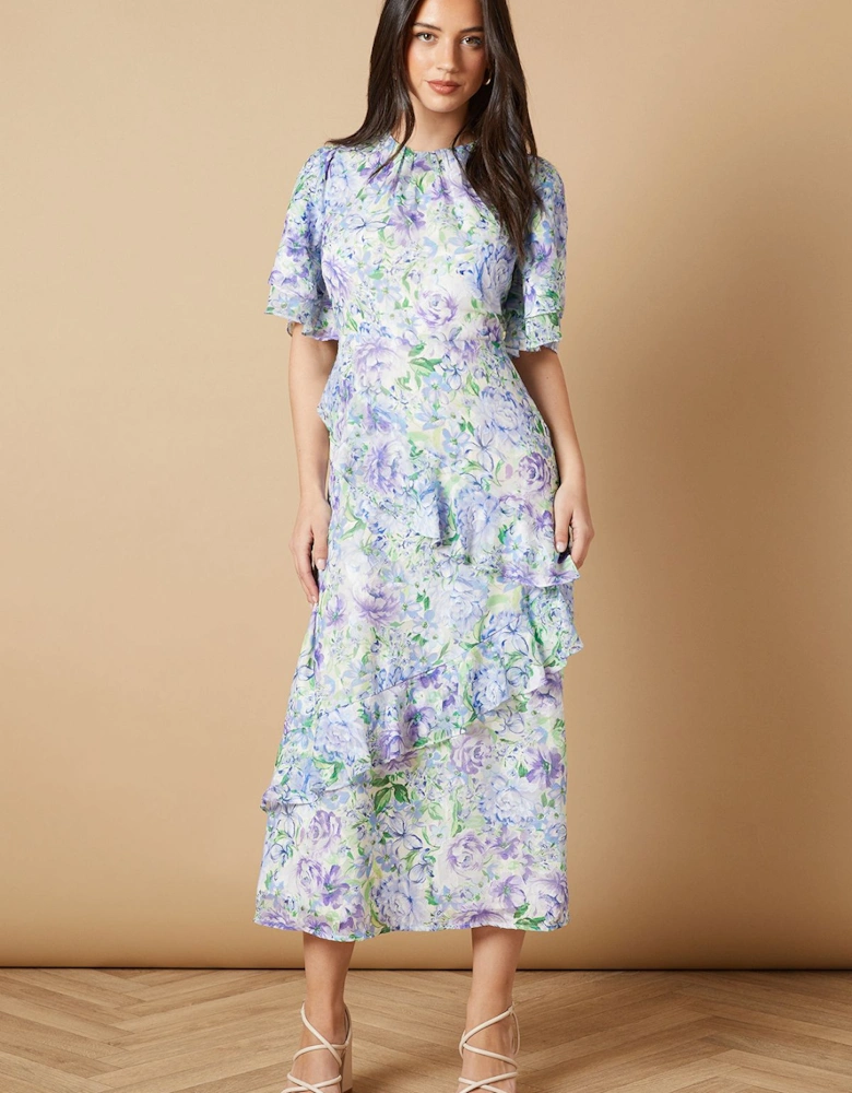 Occasion Floral Asymmetric Ruffle Jacquard Midi Dress