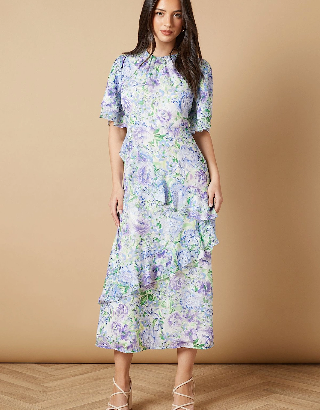 Occasion Floral Asymmetric Ruffle Jacquard Midi Dress, 2 of 1