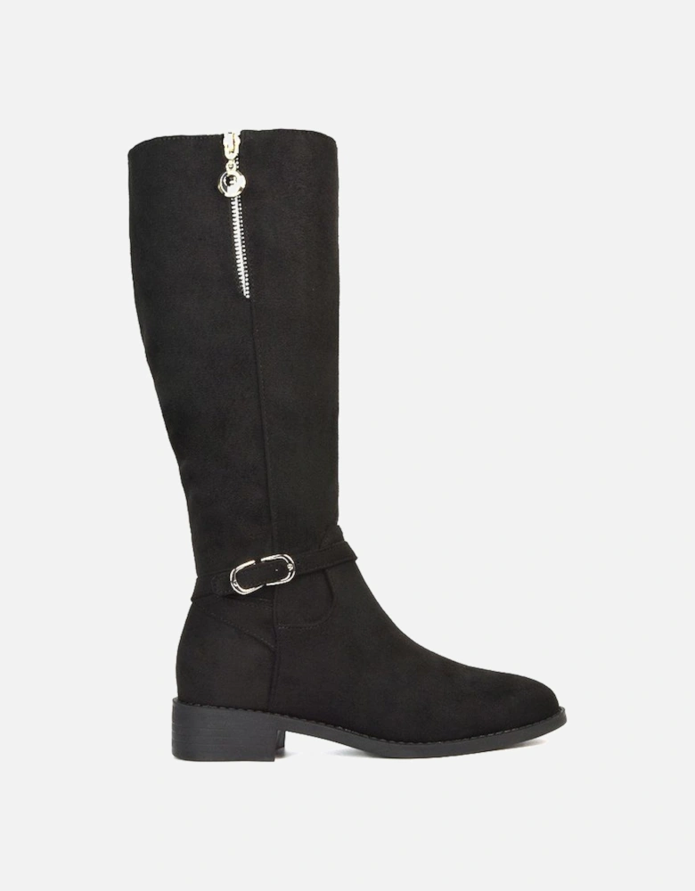 'Georgina' Knee High Boots Low Heel Zip Up Calf Riding Biker With Ankle Strap