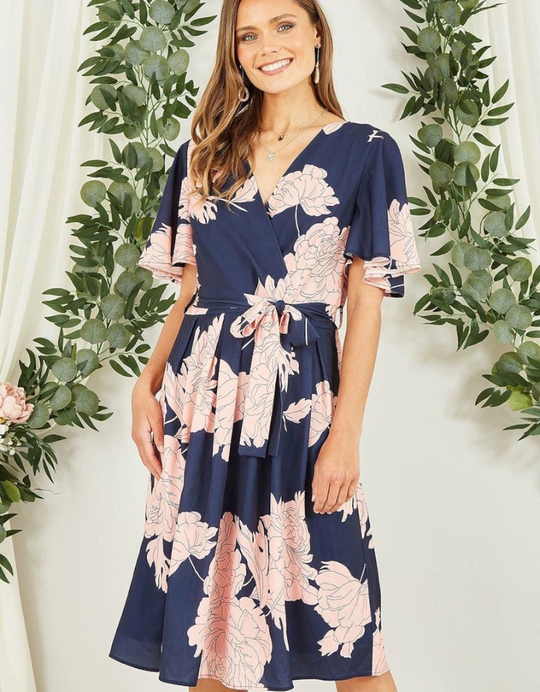 Navy Blossom Print Wrap Skater Dress