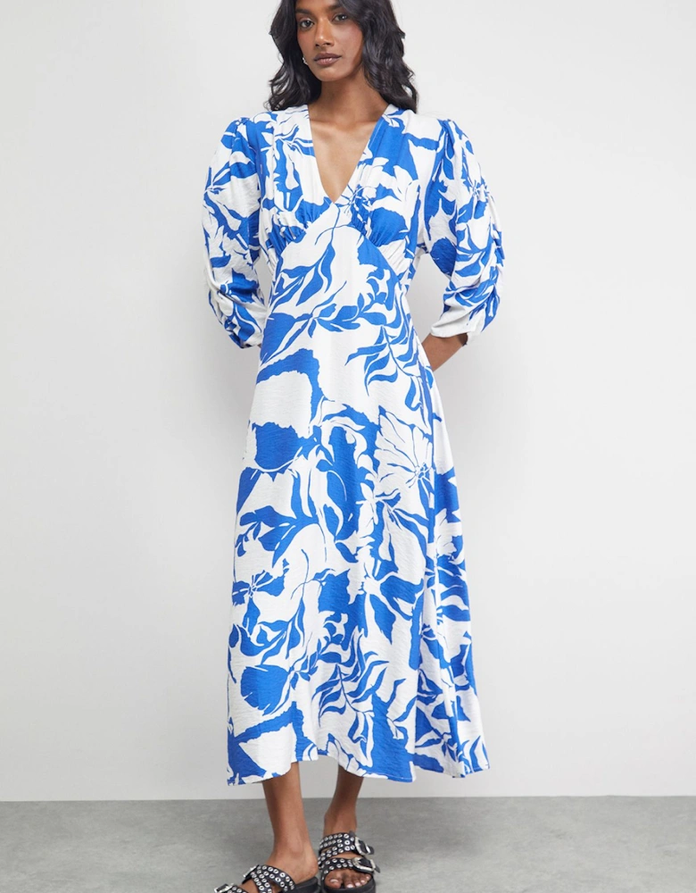 Petite Viscose Floral V Neck Puff Sleeve Midi Dress