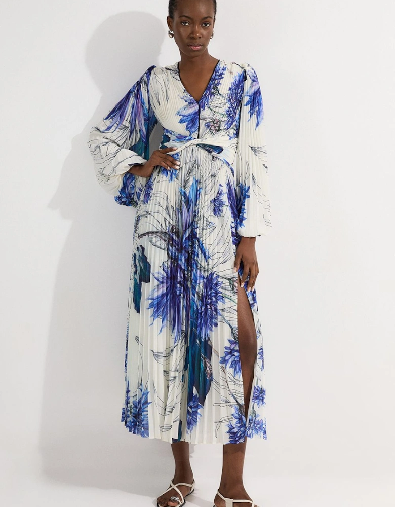 Tall Floral Balloon Sleeve Pleated Crinkle Cut Out Woven Maxi Dress