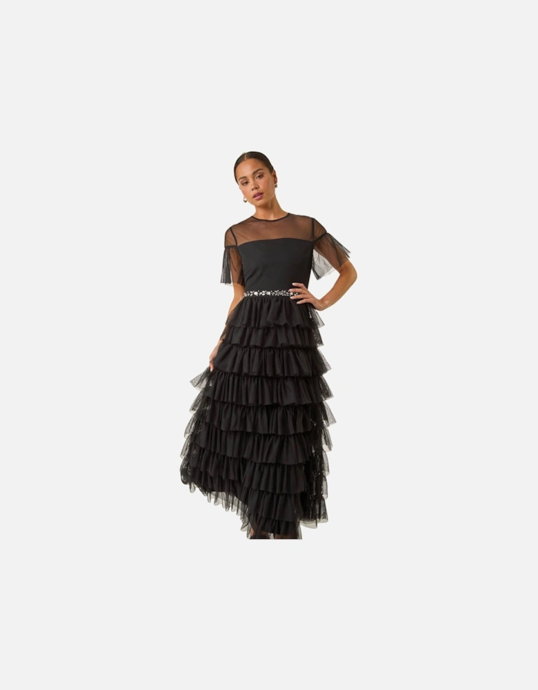 Petite Embellished Mesh Tiered Dress