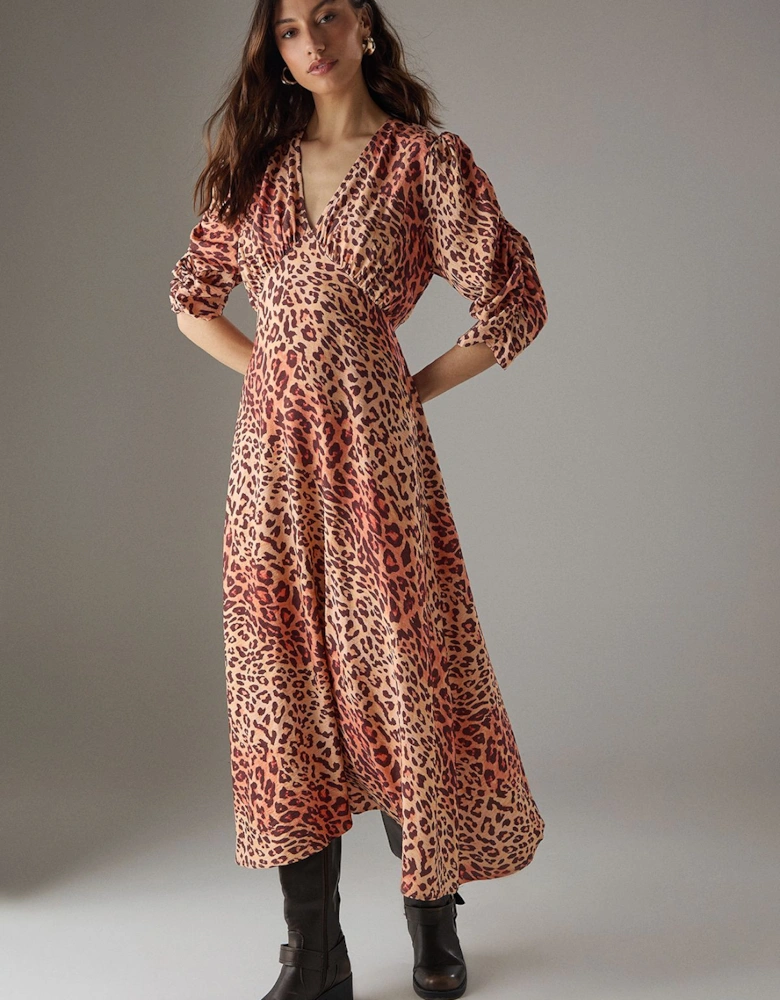 Viscose Leopard V Neck Puff Sleeve Midi Dress