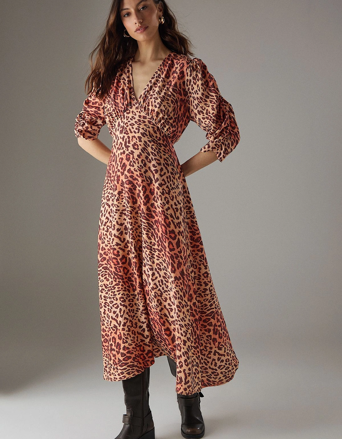 Viscose Leopard V Neck Puff Sleeve Midi Dress, 2 of 1