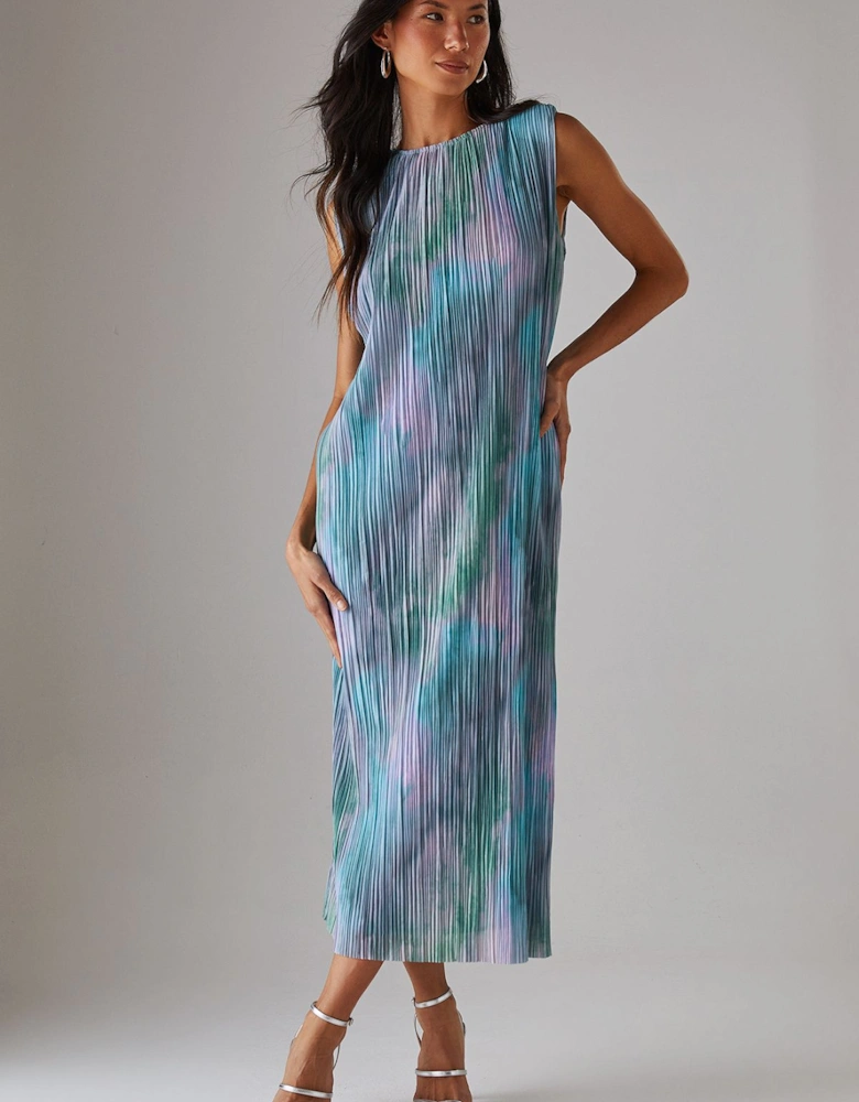 Printed Tie Dye Plisse Shoulder Pad Sleeveless Midi Dress