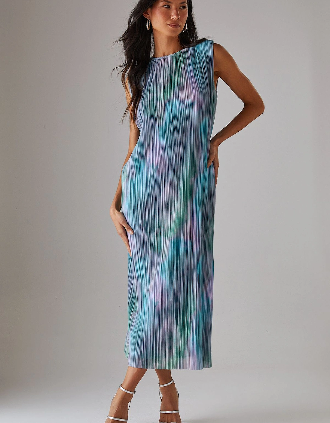 Printed Tie Dye Plisse Shoulder Pad Sleeveless Midi Dress, 2 of 1