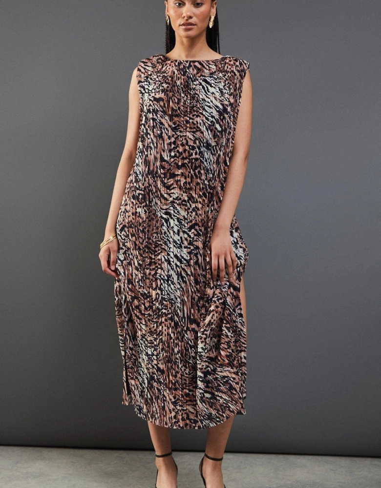 Printed Plisse Shoulder Pad Sleeveless Midi Dress