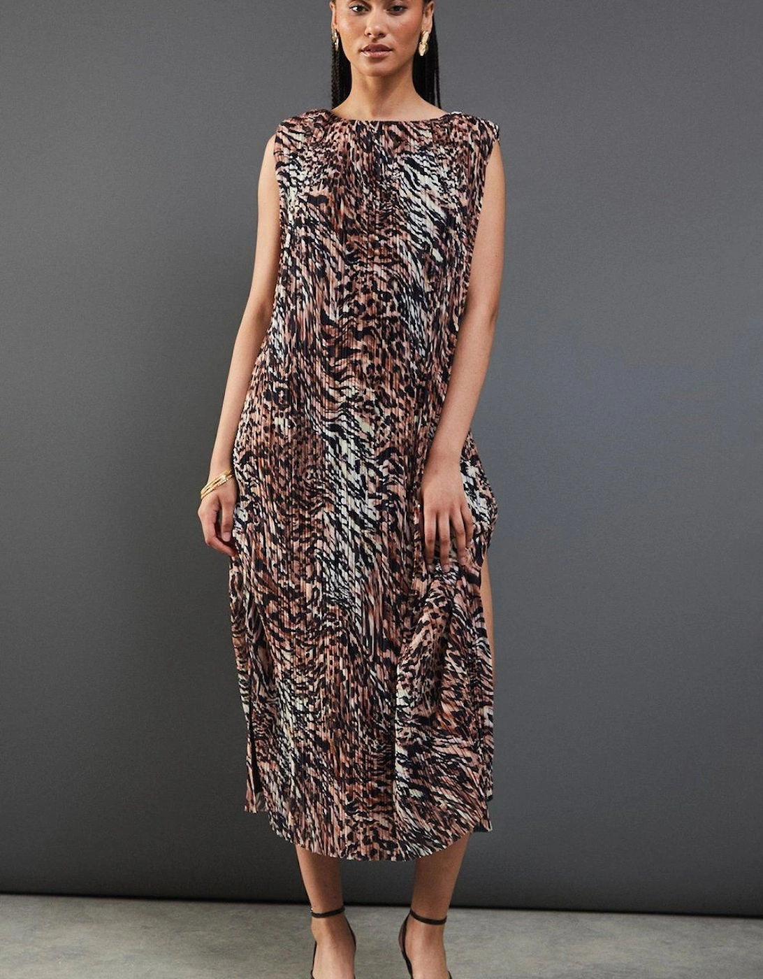 Printed Plisse Shoulder Pad Sleeveless Midi Dress, 2 of 1
