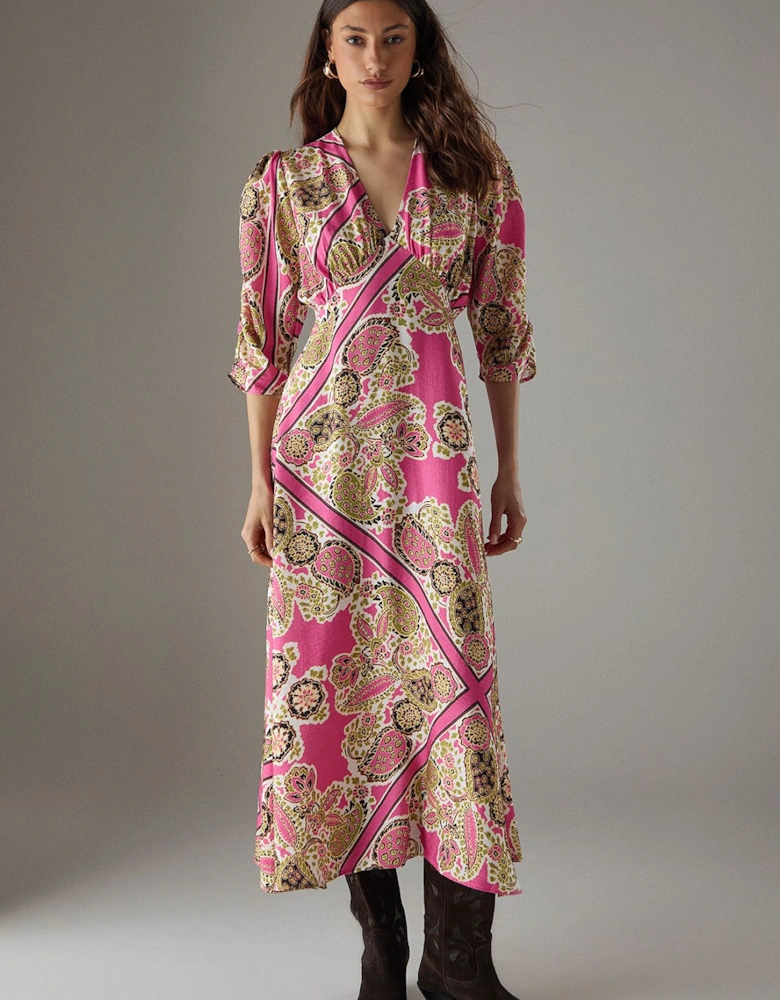 Viscose Paisley V Neck Puff Sleeve Midi Dress
