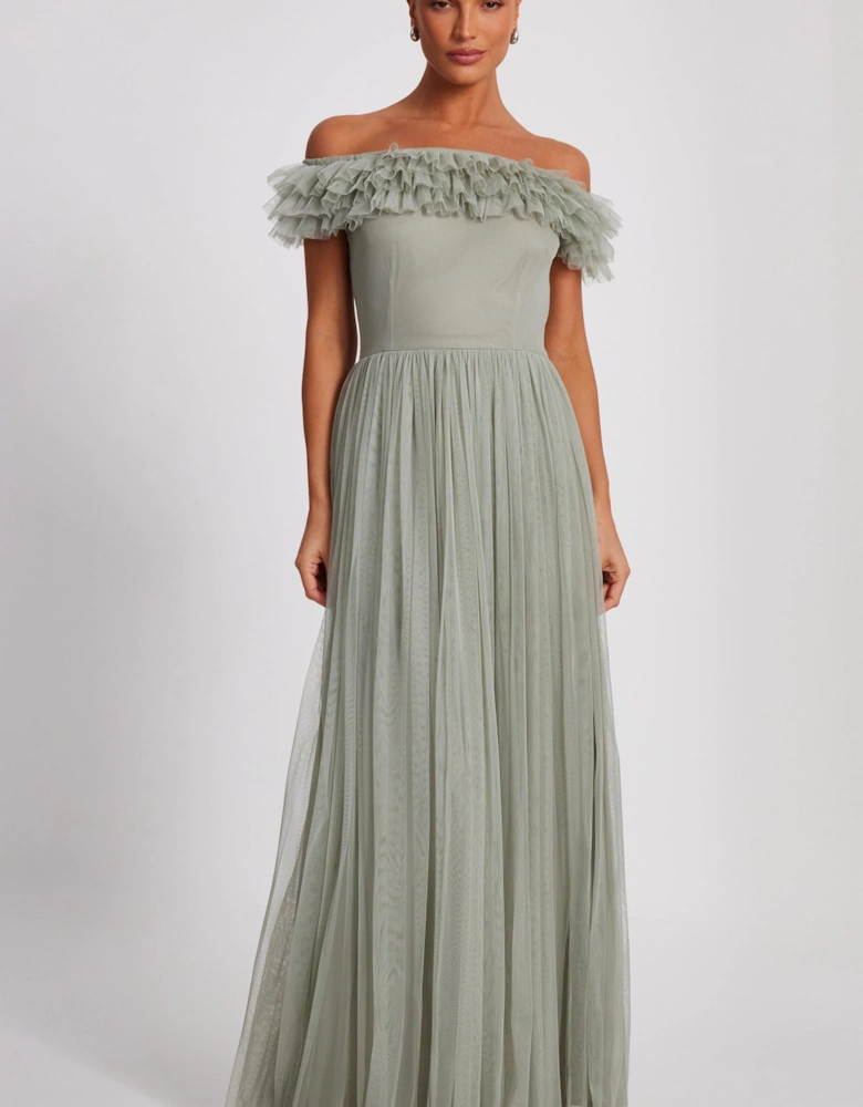 Light Green Mesh Bardot Maxi Dress