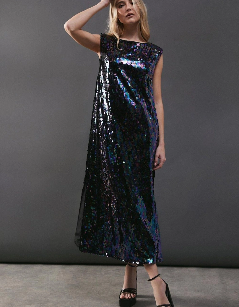 Sequin Shoulder Pad Sleeveless Midi Dress