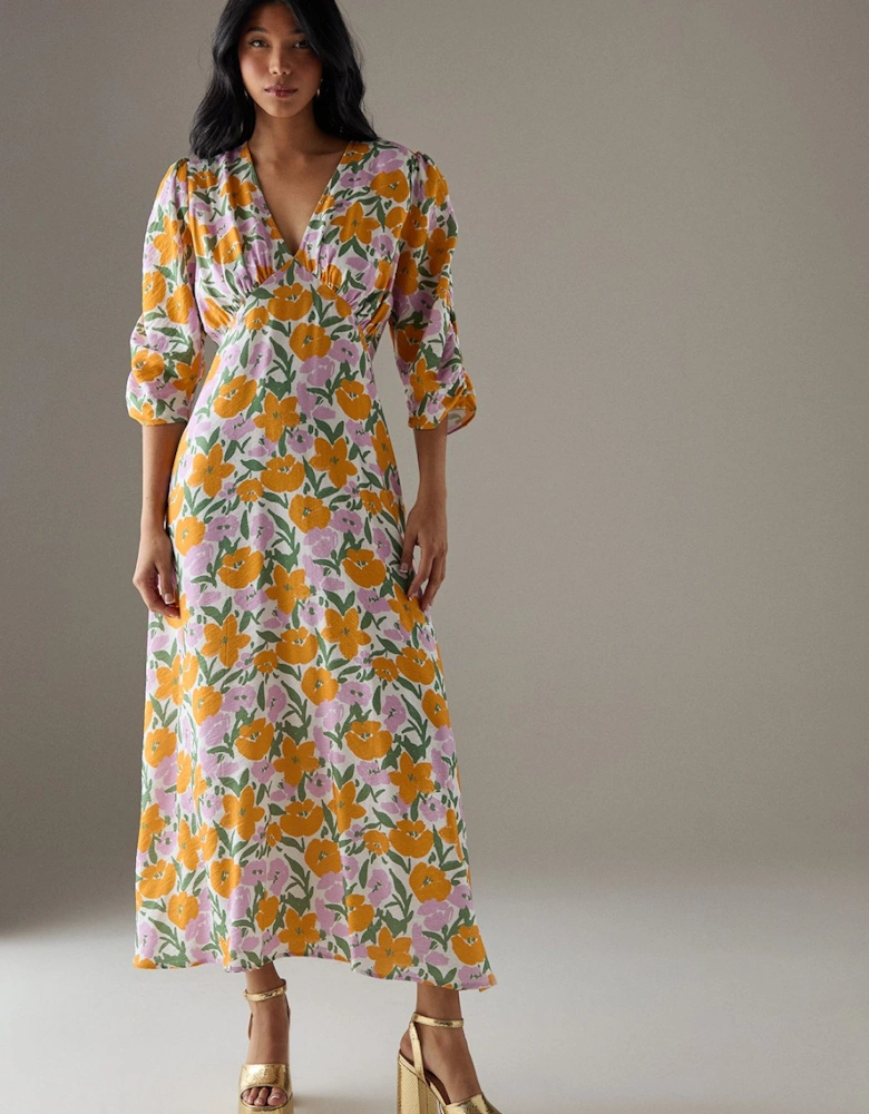 Viscose Floral V Neck Puff Sleeve Midi Dress