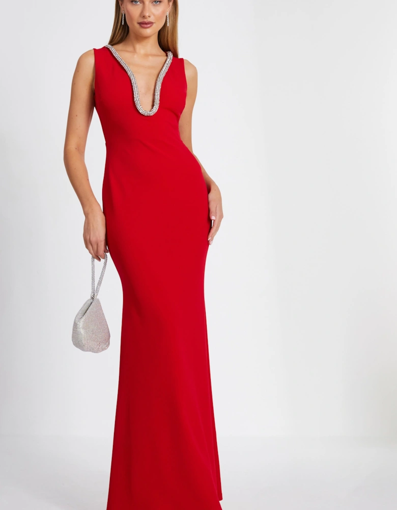 Red Diamante Trim Maxi Dress
