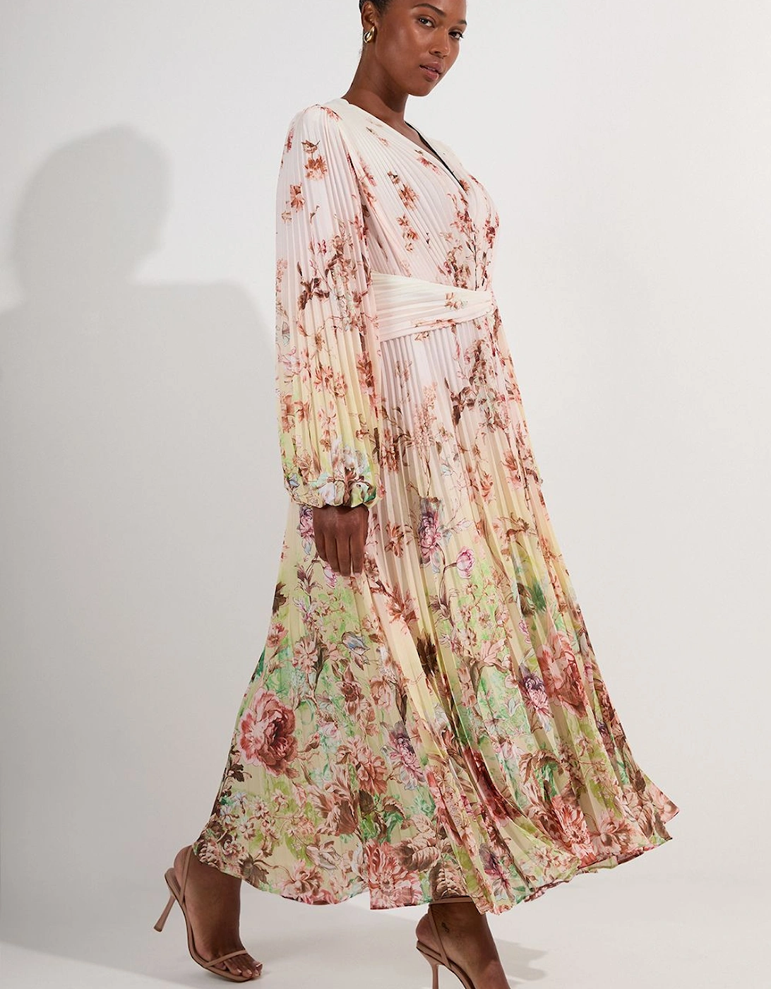 Plus Size Scattered Floral Balloon Sleeve Pleated Crinkle Cut Out Woven Maxi Dress, 2 of 1