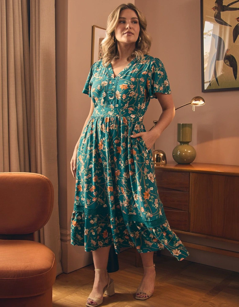 Floral Lace Trim Short Sleeve Midi Dress