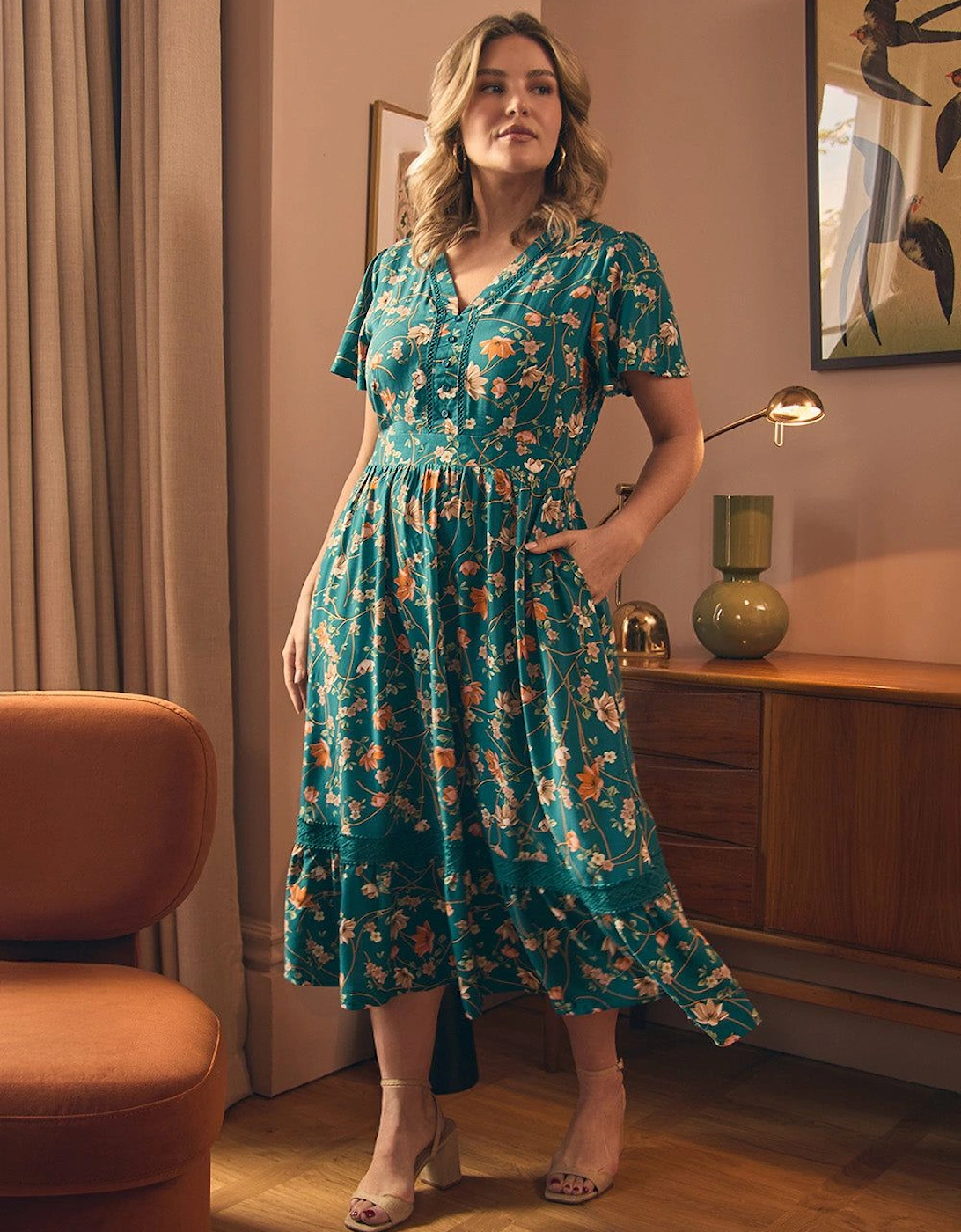 Floral Lace Trim Short Sleeve Midi Dress, 2 of 1