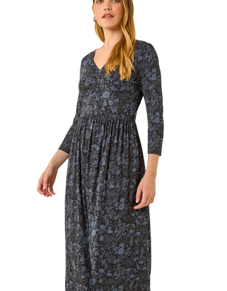 Floral Print Ruched Stretch Midi Dress