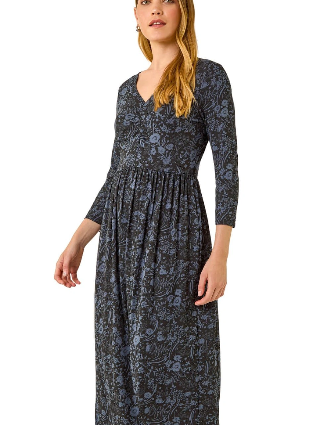 Floral Print Ruched Stretch Midi Dress, 2 of 1