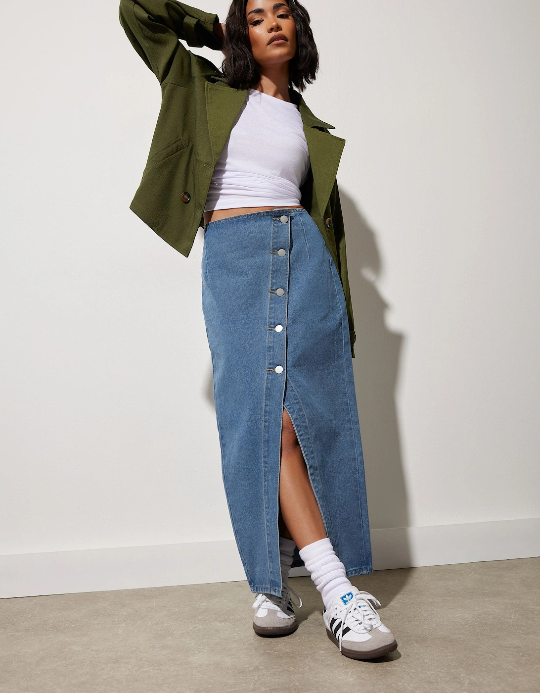 Petite Asymmetric Denim Midi Skirt, 2 of 1