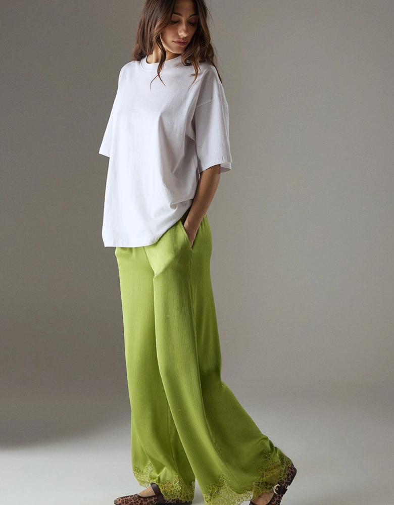 Satin Lace Insert High Waisted Wide Leg Trousers