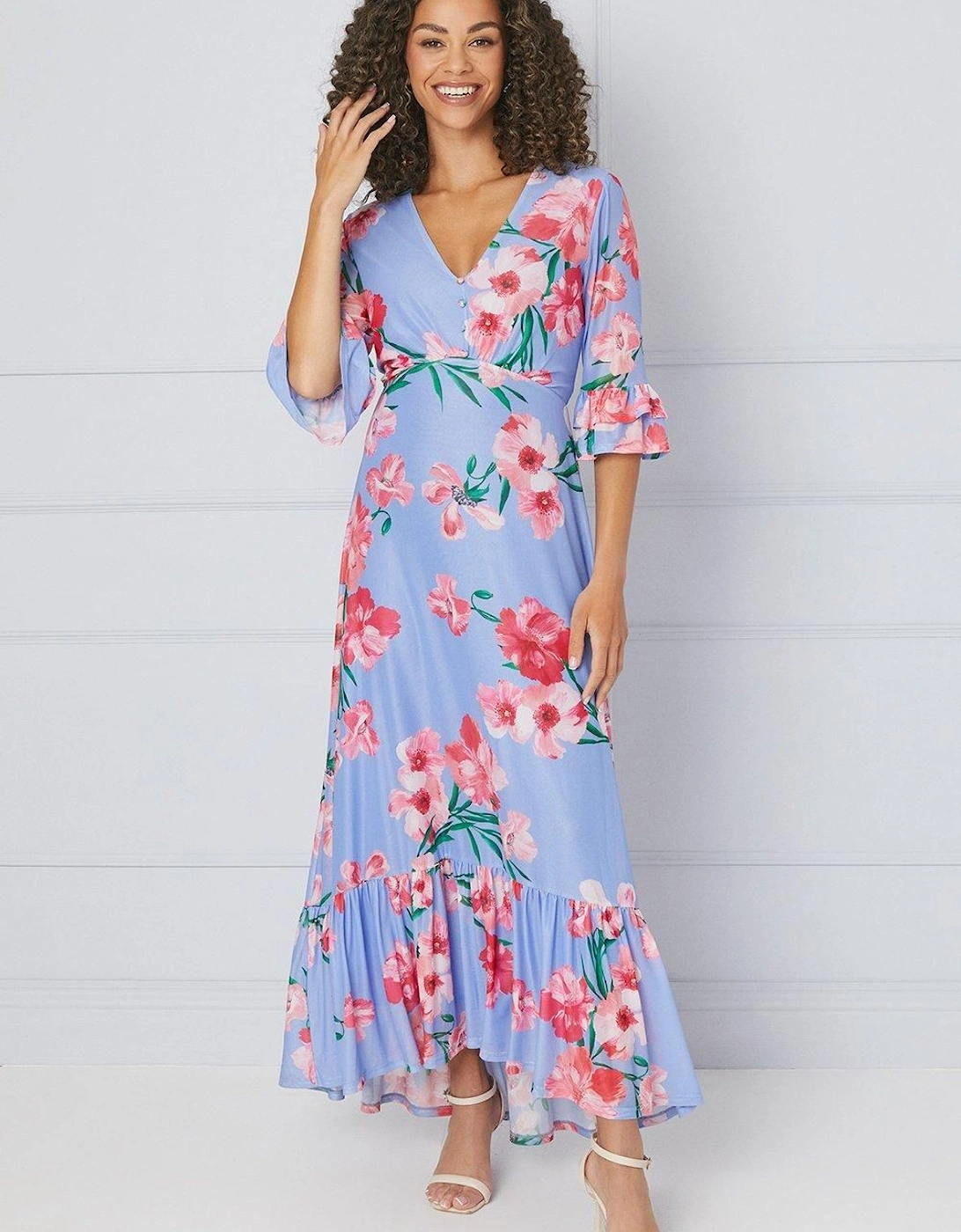 Floral Mesh Ruffle Sleeve Midaxi Dress, 2 of 1