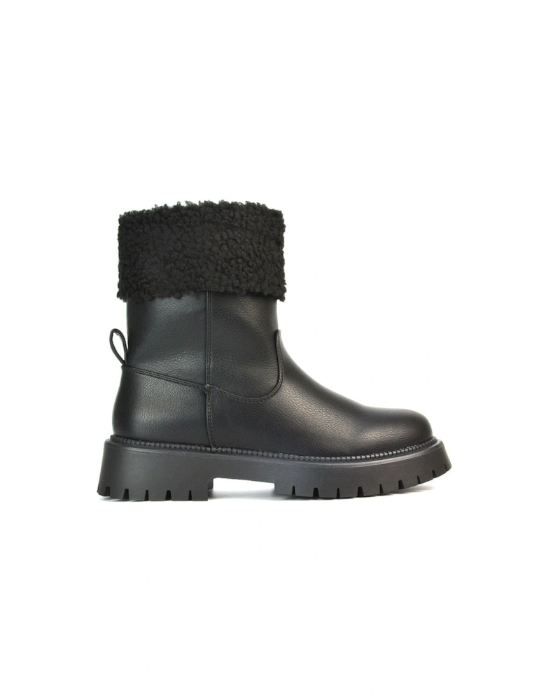 'Rhianna' Chunky Cleated Sole Faux Wool Biker Calf Ankle Booties