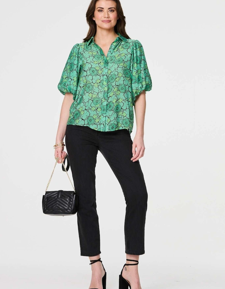 Leaf Print 1/2 Puff Sleeve Blouse