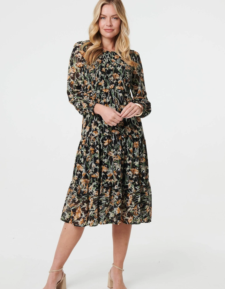 Floral Long Sleeve Smocked Midi Dress
