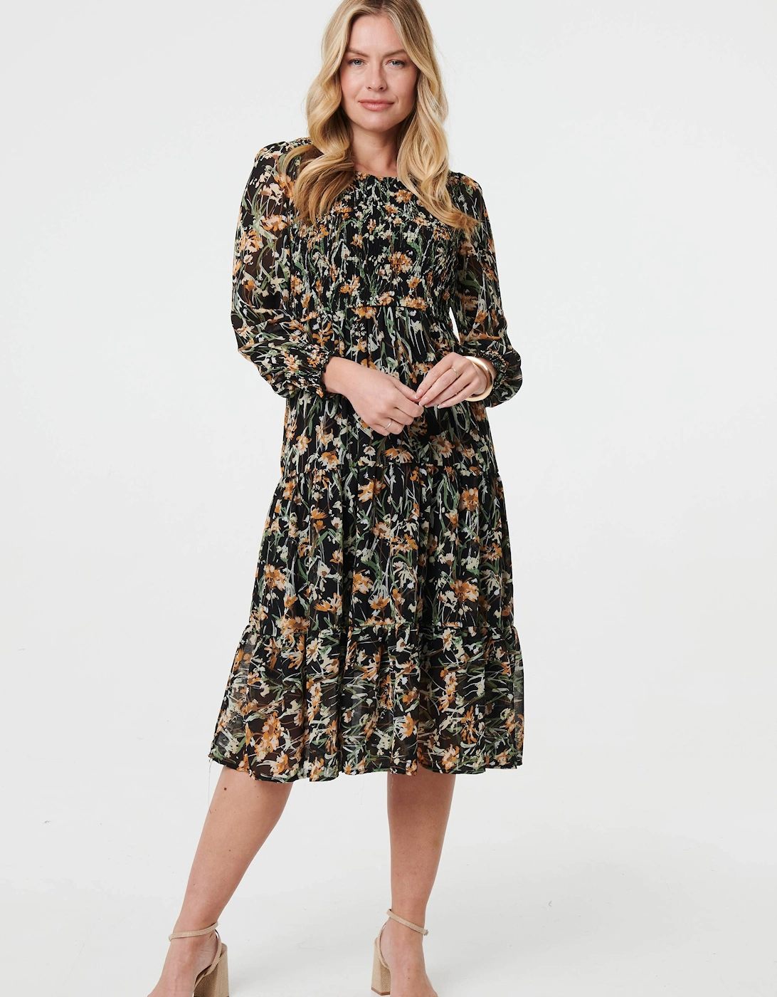 Floral Long Sleeve Smocked Midi Dress, 2 of 1