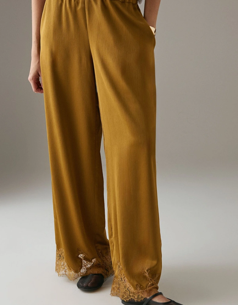 Satin Lace Insert High Waisted Wide Leg Trousers
