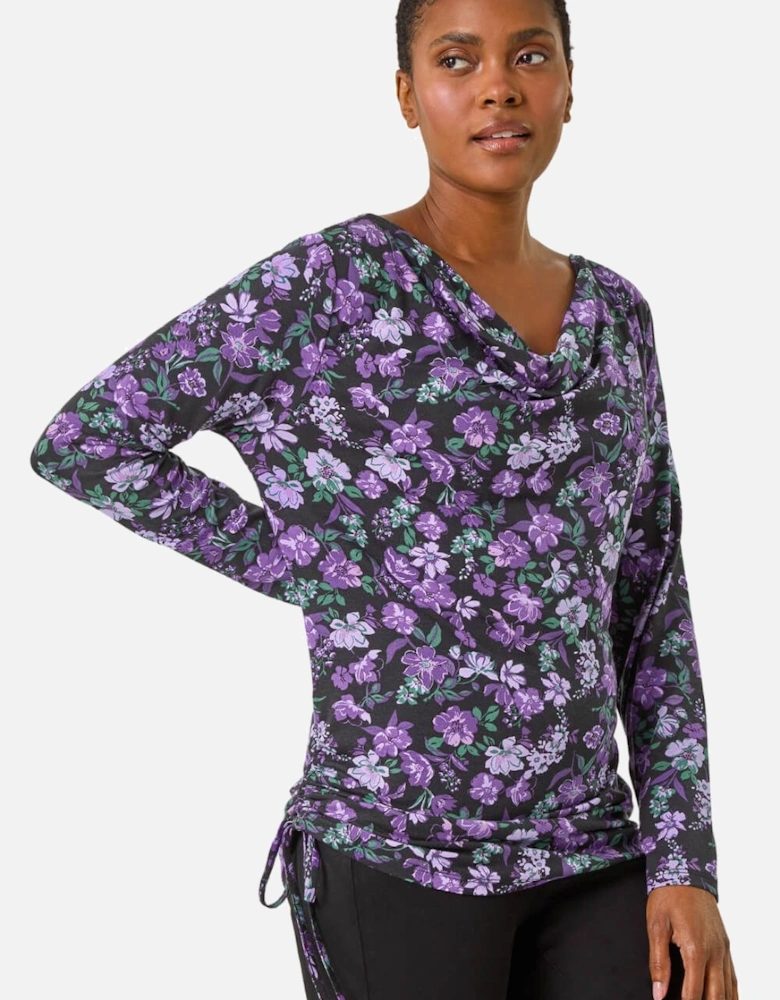 Ruched Cowl Neck Floral Top