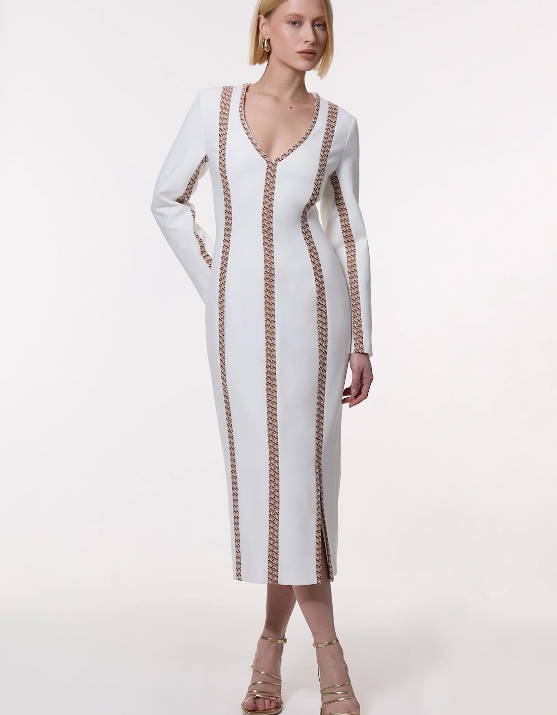 Compact Stretch Jacquard Insert Split Front Midaxi Dress, 2 of 1