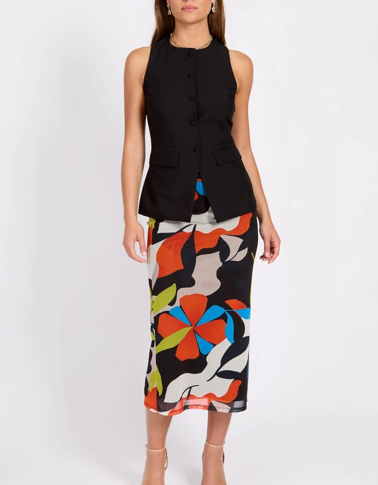 Printed Mesh Midi Skirt