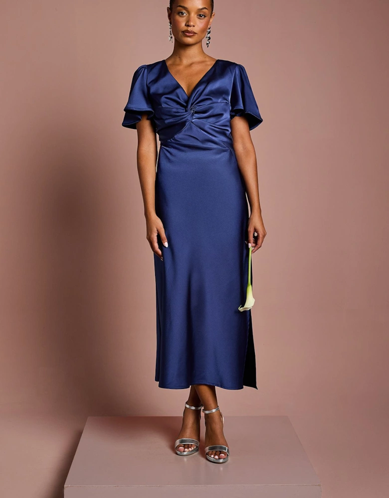 Petite Satin Twist Angel Sleeve Midi Bridesmaid Dress